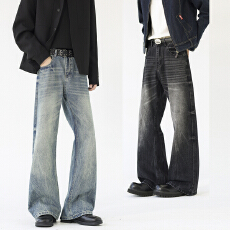 批发实拍2026新款潮牌水洗复古百搭微喇牛仔裤男女中性款宽松裤子