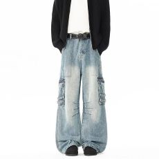 美式复古水洗褶皱多口袋牛仔工装裤男女款直筒宽松休闲阔腿拖地裤