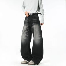 美式复古刺绣牛仔裤男女直筒潮牌休闲痞帅小众阔腿宽松情侣弯刀裤