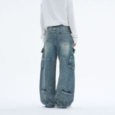 美式水洗复古多口袋工装牛仔裤男女宽松直筒潮牌休闲阔腿拖地裤子