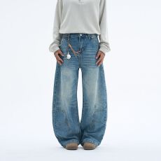 美式复古解构水洗廊形猫须弯刀牛仔裤男女直筒宽松潮牌休闲阔腿裤