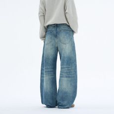 美式复古做旧猫须弯刀牛仔裤男女水洗cleanfit宽松休闲镰刀阔腿裤