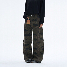 美式复古水洗迷彩弯刀休闲裤子男女宽松cleanfit阔腿多口袋工装裤