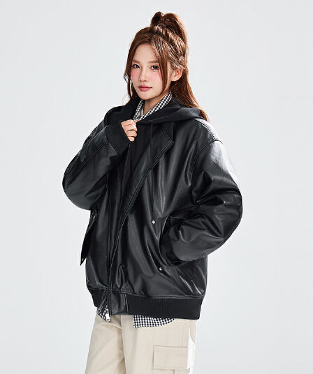 겨울 의류 새로운 pu 면 옷 남자 후드 루즈핏 핏 스타일 캐주얼 두꺼운 페이크 레이어드 가죽 재킷 면 의류 목화 진딧물 재킷