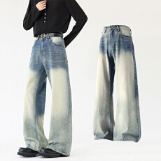 实拍秋冬重磅美式高街水洗2021M版型百搭牛仔裤男女宽松微喇长裤