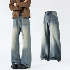 实拍2026重磅水洗破洞潮流2021M版型百搭牛仔裤男女宽松微喇长裤