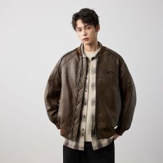 批发新国标90绒皮衣羽绒服男美式嘻哈<b class='q'>外套</b>潮牌宽松夹棉<b class='q'>棒球</b>服皮夹克