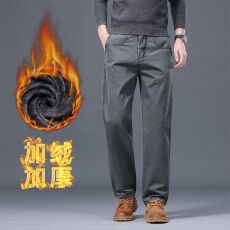 批发冬季加绒加厚保暖轻商务男士休闲裤直筒宽松纯棉多口袋水洗长裤