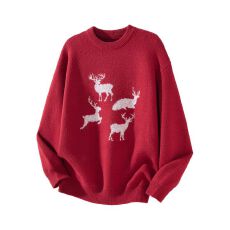 批发毛衣男秋冬季新款小鹿提花红色针织衫美式重磅宽松圆领套头<b class='q'>情侣</b><b class='q'>款</b>