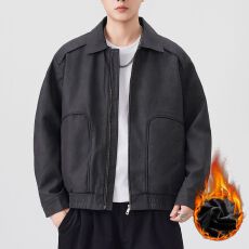 批发冬季加厚保暖美式复古翻领皮衣内里加绒御寒外套男水洗PU皮