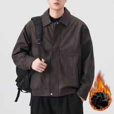批发冬季加厚保暖美式复古皮衣内里加绒御寒外套男式高级感水洗PU皮