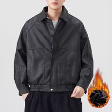 批发冬季加绒加厚保暖美式<b class='q'>夹克</b>复古皮衣御寒外套男式高级感水洗PU皮