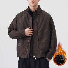 批发冬季加厚保暖美式<b class='q'>夹克</b>复古皮衣加绒外套男式高级感水洗PU皮痞帅