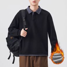 批发冬季加绒加厚肌理感格子领<b class='q'>卫衣</b>假两件撞色翻领上衣美式拼接长袖