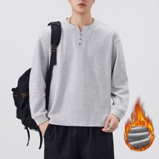 批发冬季新款亨利领<b class='q'>男</b>士加绒加厚<b class='q'>卫衣</b>宽松长袖t恤保暖打底衫