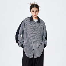 批发实拍2026新款<b class='q'>长袖</b><b class='q'>衬衫</b><b class='q'>男</b>女翻领拼接宽松百搭潮流细条纹<b class='q'>衬衣</b>外套