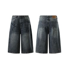 批发夏季新款美式复古高腰闪电宽松阔腿<b class='q'>短裤</b>百搭垂感直筒七分<b class='q'>牛仔</b>裤