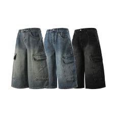 批发夏季2026新款美式复古高腰宽松阔腿<b class='q'>短裤</b>百搭垂感直筒七分裤<b class='q'>牛仔</b>裤