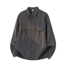 批发实拍2026新款<b class='q'>长袖</b><b class='q'>衬衫</b><b class='q'>男士</b>日系复古条纹翻领<b class='q'>衬衣</b>工装外套上衣