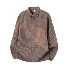 批发实拍2026新款细格子长袖衬衫男<b class='q'>日系</b><b class='q'>复古</b>翻领口袋衬衣外套百搭潮流