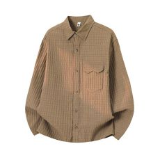 批发实拍2026新款格纹<b class='q'>长袖</b><b class='q'>衬衫</b><b class='q'>男士</b>翻领宽松纯色日系复古休闲外套上衣