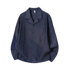 批发实拍2026新款<b class='q'>日系</b><b class='q'>复古</b>翻领纯色工装衬衫男百搭休闲褶皱衬衣外套