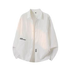 批发实拍新款长袖衬衫男翻领字母刺绣<b class='q'>日系</b><b class='q'>复古</b>纯色衬衣外套百搭休闲