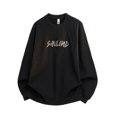 批发实拍2026新款<b class='q'>长袖</b><b class='q'>T</b><b class='q'>恤</b><b class='q'>男</b>士日系复古圆领宽松字母刺绣休闲打底衫