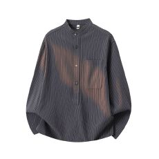 批发实拍2026新款长袖条纹衬衫男立领衬衣<b class='q'>日系</b><b class='q'>复古</b>口袋百搭休闲潮流