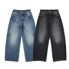 批发美式复古新款水洗闪电爆裂纹弯刀弧形牛仔裤cleanfit宽松百搭<b class='q'>裤子</b>