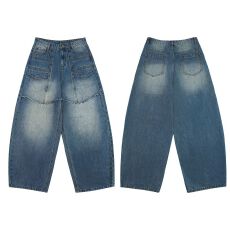 批发小众复古分割不规则毛边假两件水洗弯刀裤宽松阔腿男<b class='q'>女</b>款<b class='q'>牛仔</b>裤