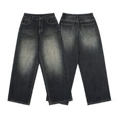 批发复古水洗做旧扎花直筒<b class='q'>牛仔</b>裤男<b class='q'>女</b>宽松美式高街长裤中性百搭<b class='q'>牛仔</b>裤
