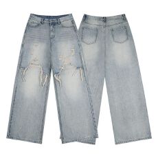 批发实拍2026新款美式个性破洞割烂潮裤宽松直筒<b class='q'>牛仔</b>裤男<b class='q'>女</b>中性长裤