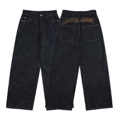批发新款美式复古绣花字母潮牌原色粗斜纹<b class='q'>牛仔</b>裤男<b class='q'>女</b>vintage宽松百搭