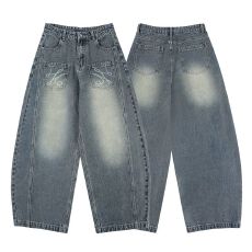 批发2026新款设计感前贴袋激光印花弯刀弧形解构宽松<b class='q'>牛仔</b>裤男<b class='q'>女</b>中性款