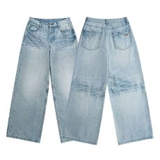 批发实拍2026新款美式潮牌水洗鬼爪猫须棉质扎花<b class='q'>牛仔</b>裤男<b class='q'>女</b>宽松中性款