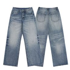 批发2026新款潮牌时尚百搭休闲复古猫须水洗A字宽松直筒中性牛仔裤男