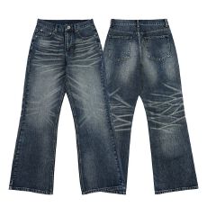 批发新款复古怀旧蓝水洗猫须微喇版型<b class='q'>牛仔</b>裤男<b class='q'>女</b>潮百搭通勤蜂窝猫须