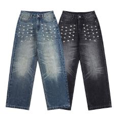 批发2026新款复古铆钉水洗<b class='q'>牛仔</b>裤男<b class='q'>女</b>美式高街做旧猫须潮流百搭长裤潮