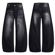 批发美式复古解构水洗廊形猫须弯刀牛仔裤男女直筒宽松<b class='q'>潮</b>牌休闲阔腿裤