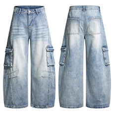 批发美式猫须水洗多口袋工装牛仔裤男女宽松直筒潮牌休闲阔腿拖地<b class='q'>裤子</b>