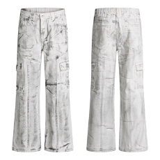 批发美式复古脏脏白牛仔裤男女中性款潮牌宽松直筒休闲微喇叭拖地裤子