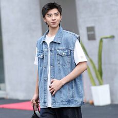 实拍2026年春季新款牛仔马甲男工装无袖t恤坎肩背心宽松韩版马甲