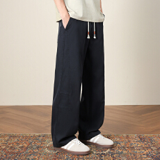 批发实拍2026夏季新款复古仿牛仔洗水直筒休闲裤男松紧腰系绳裤子