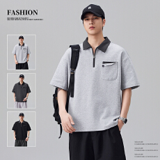 实拍2026新款美式潮流半拉链POLO衫男士夏季撞色翻领上衣T恤