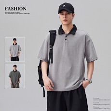 拼色洗水翻领Polo衫男2026夏季复古纯棉宽松百搭休闲潮流短袖上衣