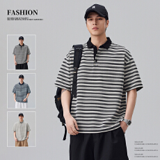 实拍2026夏季新款提花条纹针织POLO衫男士翻领宽松百搭短袖上衣