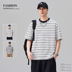 实拍2026夏季新款条纹短袖T恤男潮流宽松百搭休闲情侣半袖衫