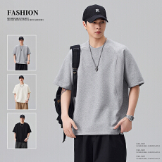 实拍2026夏季结构款拼接短袖T恤男宽松纯色圆领纯棉上衣