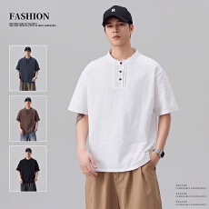 实拍2026夏季新款亨利领短袖T恤男纯棉宽松休闲半袖纯棉上衣